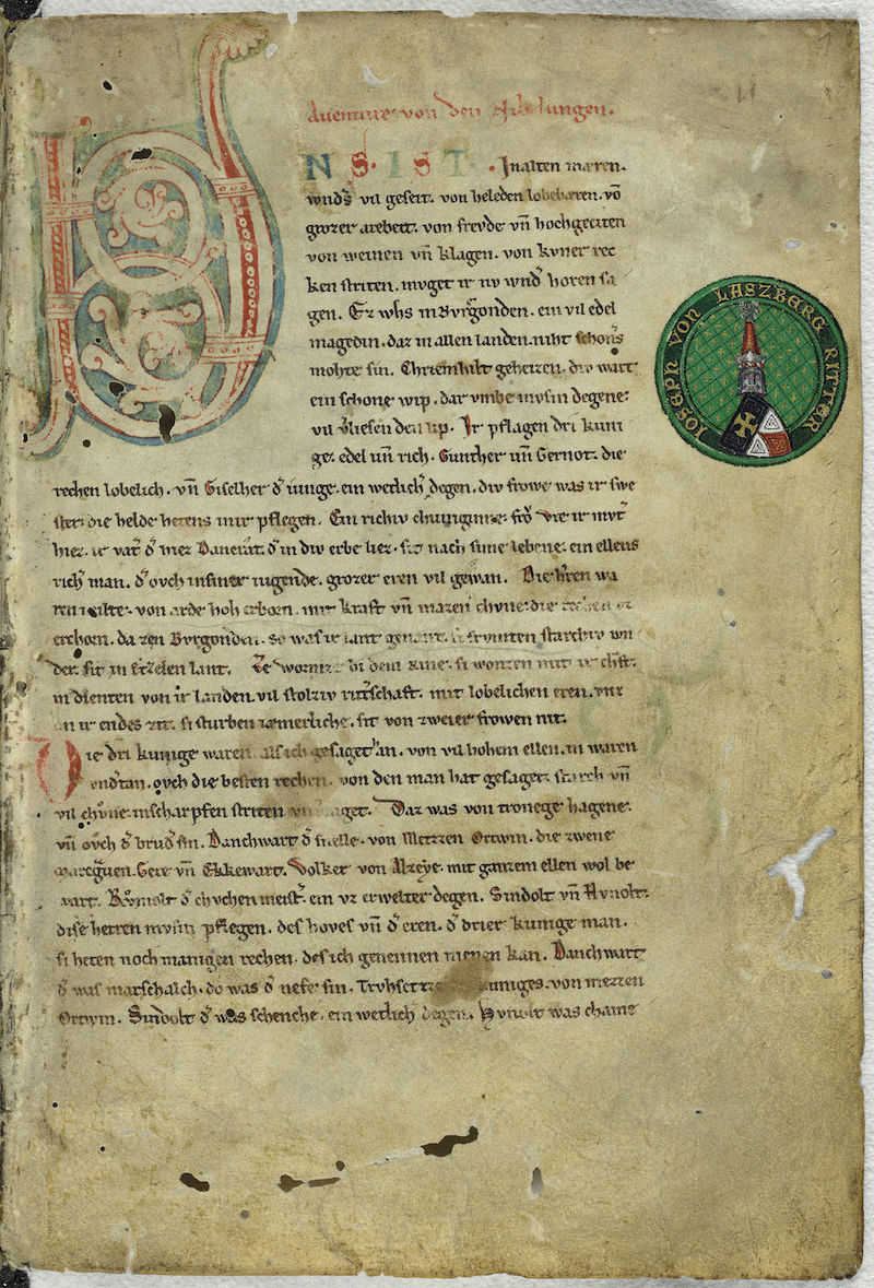 A Nibelung-ének C kéziratának első oldala, 1220–1250 körül